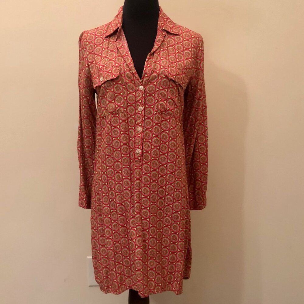 Escapada Tunic Dress Abalone Buttons Citrus Pattern Print Pink Green Size Small